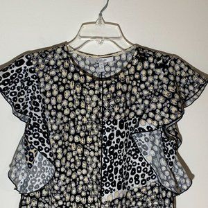 Derek Lam IO Crosby Animal Print Top with Peplum Flutter Sleeves Down Side Size
